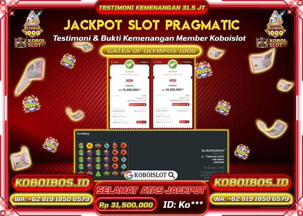 BUKTI KEMENANGAN ID Ko*** SLOT GACOR GATES OF OLYMPUS 1000 Rp31.500.000,- LUNAS
